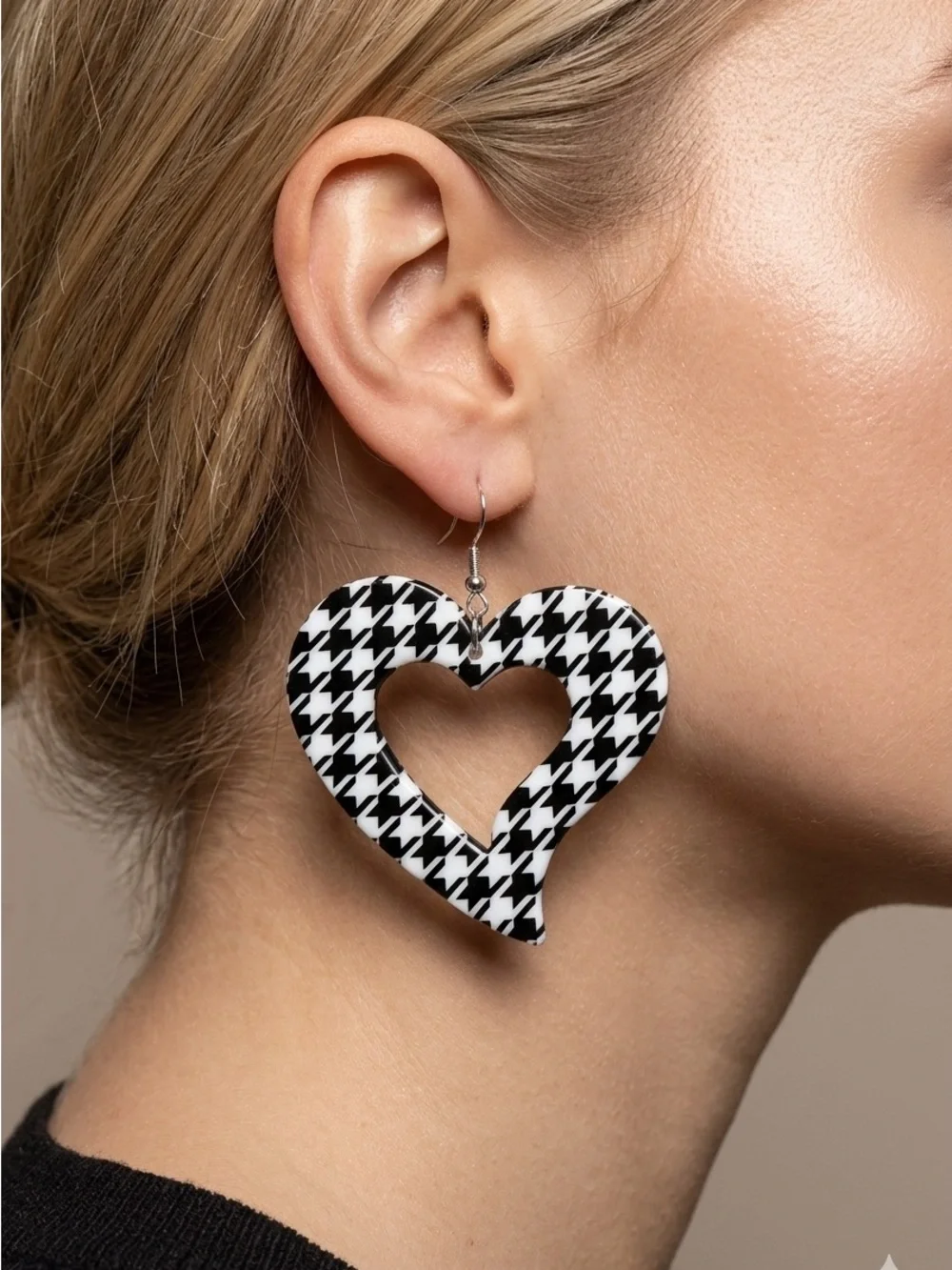 Houndstooth Heart Earrings | Black White Open Dangle Earrings